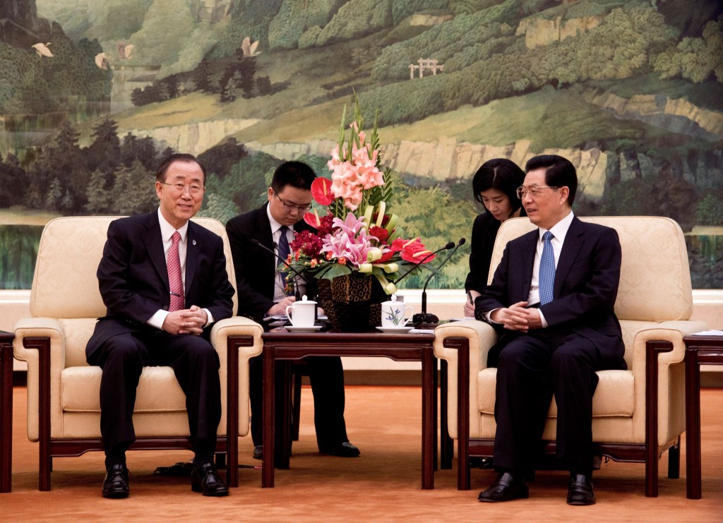 Il segretario generale dell’Onu Ban Ki-Moon e il presidente Hu Jintao